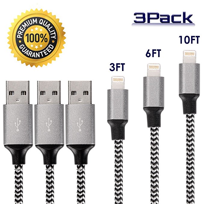 iPhone Charger 10ft, Rightwell Lightning Cable 3Pack 10FT Extra Long Nylon Braided Charging Cord for iPhone X,8,8 Plus,7,7 Plus,6s,6s Plus,6,6 Plus,SE,5s,5c,5,iPad mini,iPad Air,iPad Pro,iPod