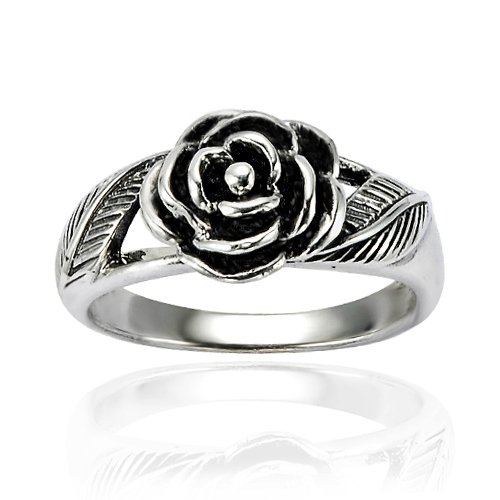 925 Oxidized Sterling Silver Detailed Rose Flower with Leaves Band Ring - Nickel Free