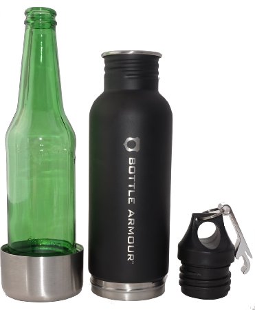 Bottle Armour Stainless Steel Bottle Koozie with Attached Bottle Opener (Matte Black - Large Logo)