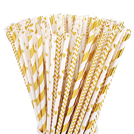 ALINK Biodegradable Gold Paper Straws Bulk, Pack of 100 Metallic Foil Striped/Wave/Heart/Star Straws for Birthday, Wedding, Bridal/Baby Shower, Celebrations and Party Supplies