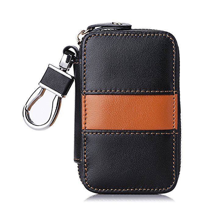 FYY Genuine Leather Keychain Bag, Handmade Car Keyring Holder Metal Hook and Wallet Zipper Case for Auto Remote Key Fob Brown and Black