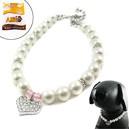 Alfie Pet - Pinky Crystal Heart Pearl Necklace for Dogs and Cats