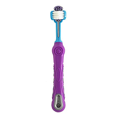 [AIDIYA] Dog Toothbrush for Pet Dental Care - Triple Headed Toothbrush - Recommended By Vets and Pet Groomers - Perfect for Medium Large Sized Dogs - Ergonomic Handle Design for Easy Oral Care Grooming (Purple)