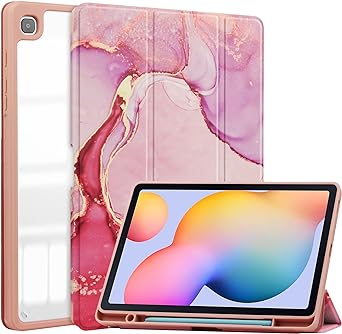 KuRoKo Galaxy Tab S6 lite 10.4 Sleep Case with Pen Holder- Ultra Slim Lightweight Shockproof Cover with Clear Transparent Back Shell for Galaxy Tab S6 lite 10.4 SM-P610/P615-Marble Pink