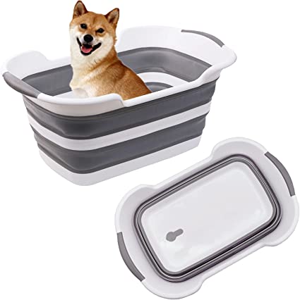 kathson 25L Multipurpose Collapsible Pet Bathtub with Drainage Hole, Portable Washing Tub Foldable Bathing Basin for Indoor Outdoor Puppy Small Dogs Cats (Grey)