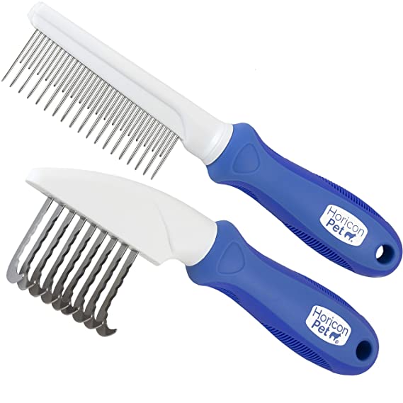 Horicon Pet 2 In 1 Dematting Razor Comb and 37 Pin Detangling Pet Comb Set - Removes Knots, Matted Fur, & Tangles Gently For Dogs & Cats