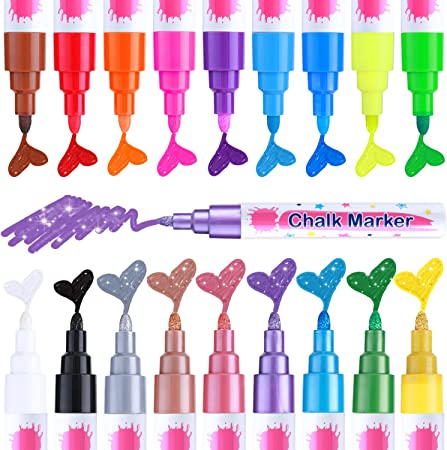 Ohuhu Liquid Chalk Markers & Metallic Colors Set for Chalkboard, Whiteboard, Blackboards, Window, Glass, 18 Colors Erasable Ink Chalk Marker Pen with Reversible Bullet & Chisel Tip