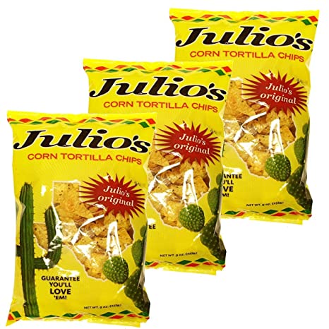 Julio's Corn Tortilla Chips - Three 9 oz Bags - Chips Covered In Julio's Seasoning - Perfect For Nachos - Great Tex-Mex Taste