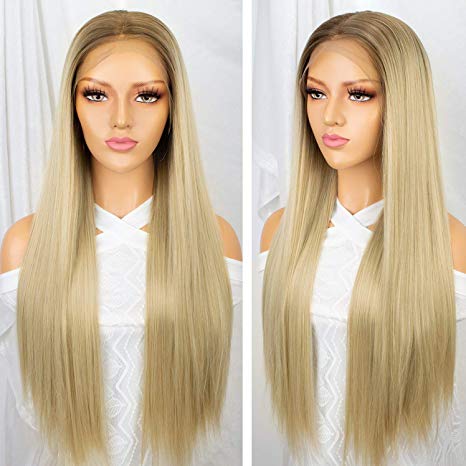 Persephone 13x6 Lace Front Wig Ombre Blonde Free Deep Parting 2 Tones Synthetic Wigs Long Straight Heat Resistant Daily Beach Blonde Hair Replacement Wigs for Women 22 Inches