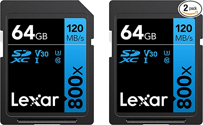 Lexar High-Performance 800x 64GB (2-Pack) SDXC UHS-I Cards, Up to 120MB/s Read, for Point-and-Shoot Cameras, Mid-Range DSLR, HD Camcorder (LSD0800064G-B2NNU)