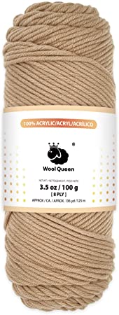 Wool Queen 8 Ply 100% Acrylic Yarns, Khaki,3.5 OZ/136 Yards, Great for Rug Punch, Pompom Art, Weaving, Crochet and Knitting Project. Machine Wash & Dry -LS23