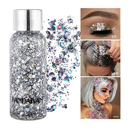 GL-Turelifes Mermaid Sequins Chunky Glitter Liquid Eyeshadow Glitter Body Gel Festival Glitter Cosmetic Face Hair Nails Makeup Long Lasting Sparkling 30g (01# Silver)