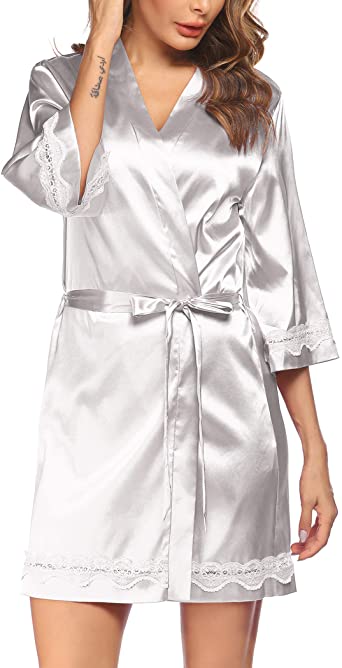 ELOVER Womens Kimono Robes Sexy Short Lace Satin Bridesmaid Robes Silk Bathrobe Gown Sleepwear