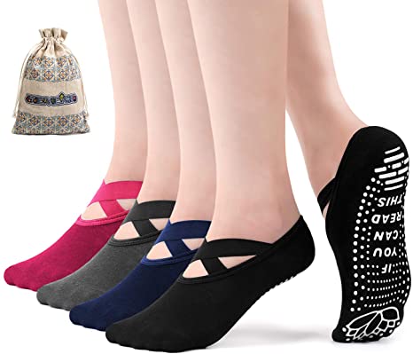 SEVENS Yoga Socks for Women Non Slip Grip Socks for Pilates Barre Ballet Home& Hospital with Grips & Straps, 4 Pack…