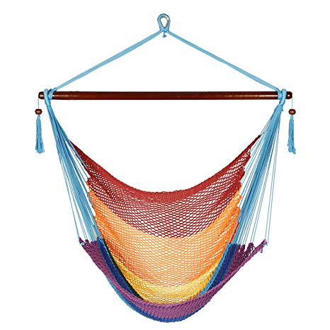 Best Sunshine Large Caribbean Hammock Hanging Chair with Footrest, Large Hammock Net Chair, Polyester (rainbow)