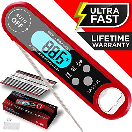 Tyson Instant Read Meat Thermometer - Waterproof Ambidextrous Thermometer with Backlight & Calibration. Digital Food Thermometer for Kitchen, Outdoor Cooking, BBQ, and Grill! (red)