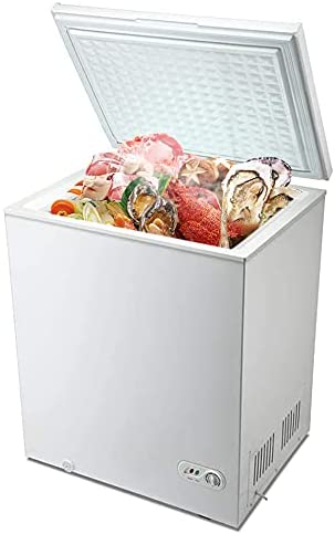 R.W.FLAME Chest Freezer, Deep Freezer 5.0 Cu.ft. w/Removable Basket, Adjustable Temperature, Energy Saving, Top Open Door Compact Freezer, White