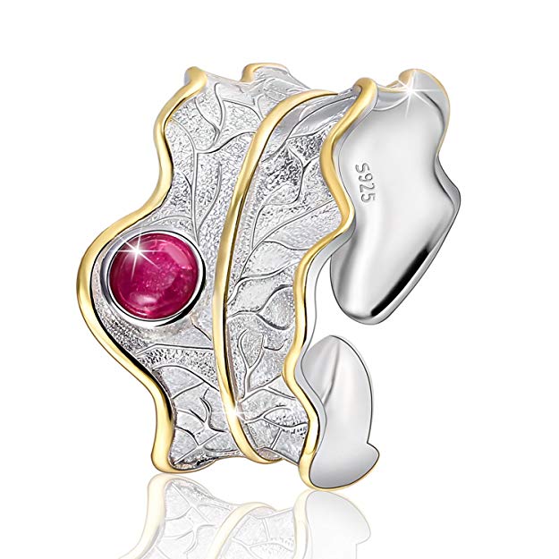 Lotus Fun S925 Sterling Silver Rings Natural Adjustable Leaf Ring Handmade Unique Fashion Jewelry Gift for Women and Girls
