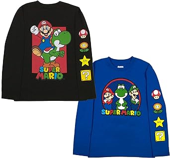 Nintendo Kids Super Mario Bros Mario & Luigi Boys Long Sleeve 2-Pack T-Shirt Bundle Set for Boys