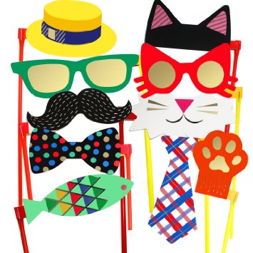 COOLOO Durable Paper Party Photo Booth Props On A Plastic Stick Ready to Use:A Hat,Mustache,Sunglasses,Bowtie,Cats,Catlike,Fish.Pack of 10