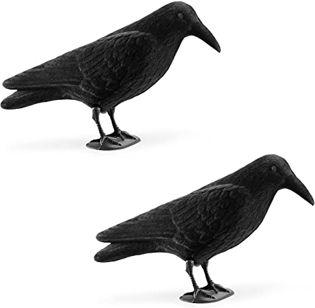 Navaris Crow Decoys (Pack of 2) - Fake Black Crow Decoy for Attracting Crows, Hunting, Scaring Birds, Halloween Decoration - Yard, Garden, Deck, Patio