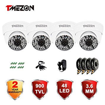 TMEZON 4 Pack 1/3" 3.6mm 900TVL 960H Day Night Vision Dome CCTV Home Security Camera With IR Cut Filter 48PCS Infrared IR Leds Outdoor Camera