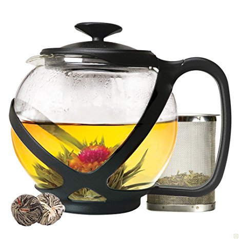 Tempered Glass 5-Cup Black Tea Pot w/ Removable Steel Infuser, 40 Fluid Ounces (PLUS 2 TEA FLOWERS FREE LIMITED TIME) by Pride Of India