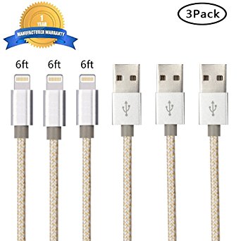 iPhone Charger Chamfind,iPhone Lightning to USB Cable (3Pack 6FT) Syncing and Charging Cord for iPhone 7,iPhone6,6s, 6 Plus,6s Plus, iPhone 5 5s 5c,SE, iPad Air, iPod,iPod (GoldSilver)