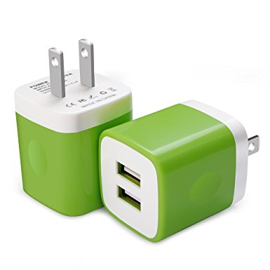 Charger Base, FiveBox 2Pack Dual Port USB Wall Charger Brick Plug 2.1A Apple Charging Cube Block Phone Charger Box for Android, iPhone 8/X/6/6s/7s Plus, iPad, Samsung S8 S7 S6 Note 8 5, iPad, LG-Green