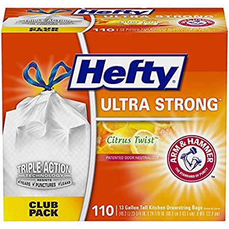 Hefty Ultra Strong Tall Kitchen Trash Bags, Citrus Twist, 13 Gallon, 110Count