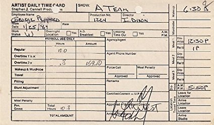 GEORGE PEPPARD (A-TEAM) signed time card for the A-TEAM