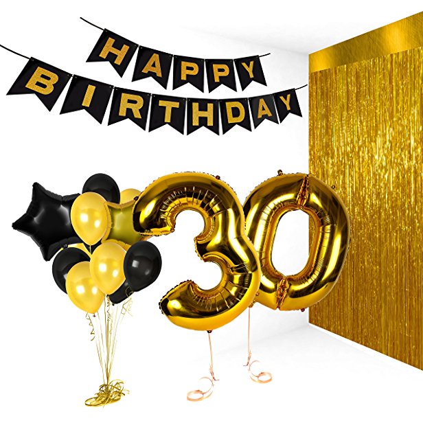 30th Birthday Decorations Happy Bday Banner Party Kit Pack B-day Celebration Supplies with Gold and Black Stars Balloons   Extra Large Golden Fringe Curtain for Men or Women (GOLD BLACK)