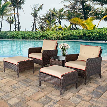 U-MAX 5 Pieces Patio Furniture Set Outdoor Chair and Ottoman Set with Cushions & Side Table, PE Wicker Rattan Lawn Pool Balcony Backyard Conversation Lounge Set, Brown