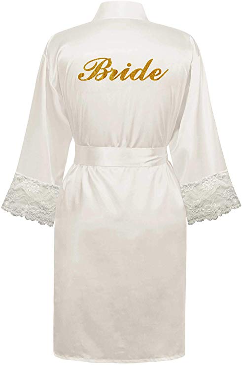 Swhiteme Bridal Robe with Lace Trim, 3/4 Sleeves