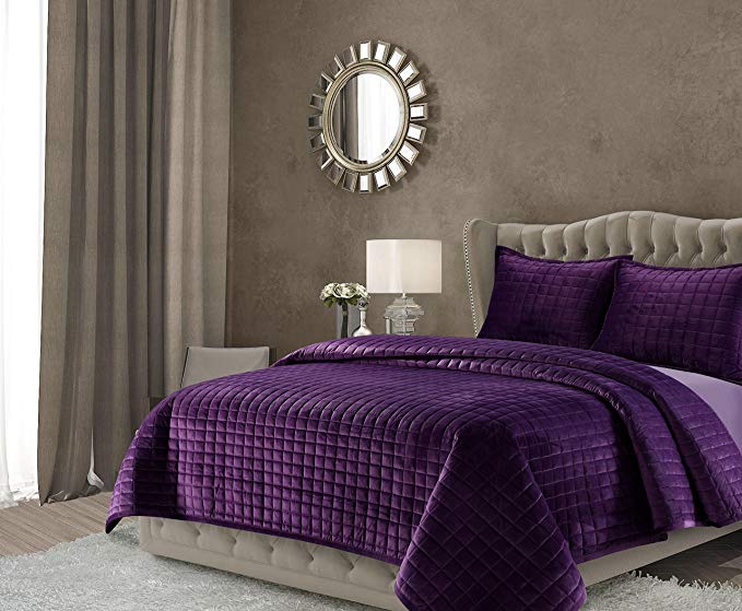 TRIBECA LIVING FLORENCEQUIQUPU Florence Velvet Oversized Solid Quilt Set Queen Purple