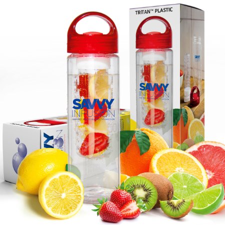 Savvy Infusion Water Bottle - 24 Oz - Create Your Own Naturally Flavored Fruit Infused Water Juice Iced Tea Lemonade and Sparkling Beverages - Choice of Dazzling Colors