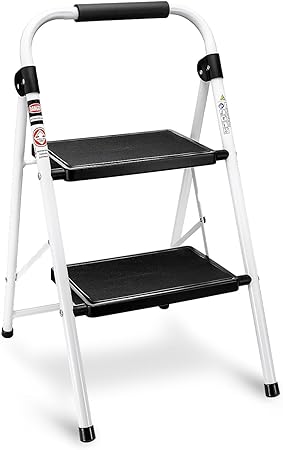 Delxo 2 Step Ladder, Folding Step Stool for Adults with Handle, Lightweight Stepstool Perfect for Kitchen Household, Portable Safe Sturdy Steel Folding Ladder,White