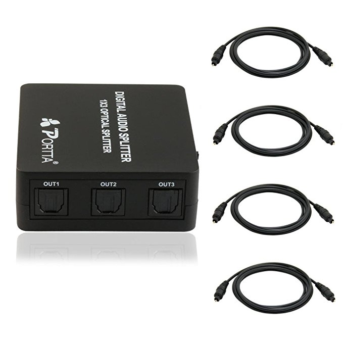 Portta 3 Port 1x3 SPDIF/ Toslink Digital Optical Audio Splitter support 5.1CH LPCM 2.0 DTS Dolby-AC3 with 4pcs 1.8m toslink cable
