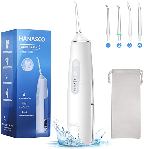 Hanasco Water Flosser Cordless Dental Oral Irrigator 6 Modes & 4 Jet Tips IPX7 Waterproof Rechargeable & Portable Water Pick Teeth Cleaner for Braces & Bridges Care, 200ML Water Tank for Home & Travel