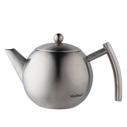 VonShef Infusion Tea Pot Medium 1 Litre Satin Polish Stainless Steel with Infuser