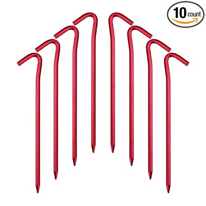 Hikemax 7075 Aluminum Tent Stakes with Carrying Pouch - Ultralight 7" Hook Tent Pegs for Camping Trip, Hiking and Gardening - 10/20 Pack