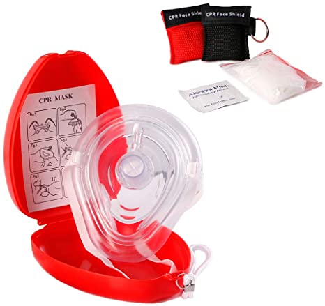 Medical First Aid CPR Mask for Adult/Kids — Hard Case with Wrist Strap, Gloves, Wipes and 2 Keychain CPR Face Shield