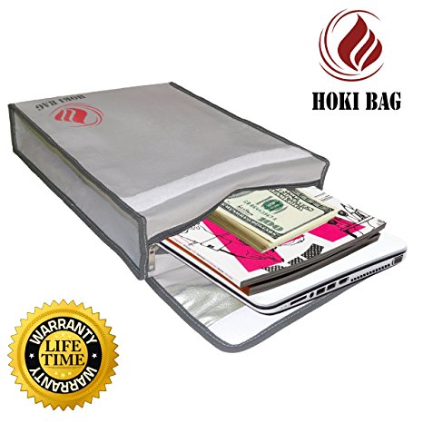 HOKI (15"x12"x3") Fireproof Bag for Money/Cash, Passports, Document, Photos, Valuables. NON-ITCHY , Zipper Closure, Silicon Coated Fire Resistant Envelope Pouch, Added HANDLE for Carrying Convenience