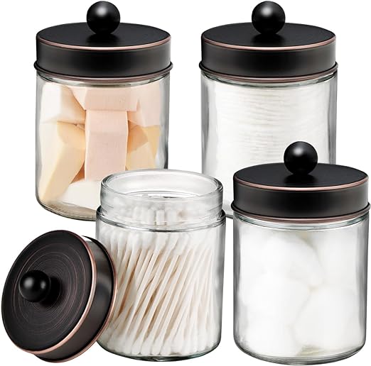 4 Pack Apothecary Jars Bathroom Vanity Storage Organizer Set-Countertop Canister with Stainless Steel Lids &Cute Stickers -Qtip Dispenser Holder for Qtips,Cotton Swabs,Makeup Sponge(Oil Rubbed Bronze)