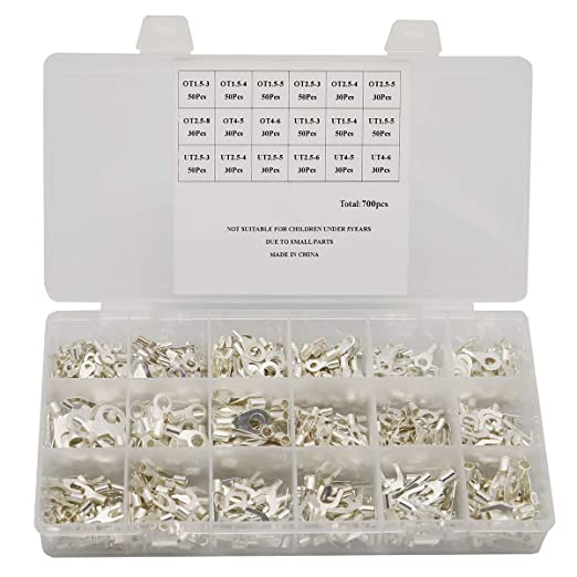 Raogoodcx 700Pcs 18 in 1 Wire Crimp Connectors Non-Insulated Ring Fork U-Type Terminals Tin-Plated Copper Terminals Assortment Kit
