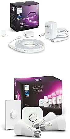 Philips Hue White and Color Ambiance Lightstrip Base Kit with Bluetooth   White and Colour Ambiance A19 Starter Kit with Smart Button (3-Pack)