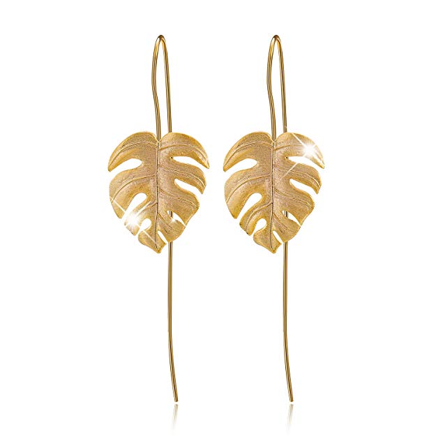 Lotus Fun S925 Sterling Silver Drop Earrings Monstera Leaves Dangle Earring for Women and Girls, Handmade Unique Jewelry Gift