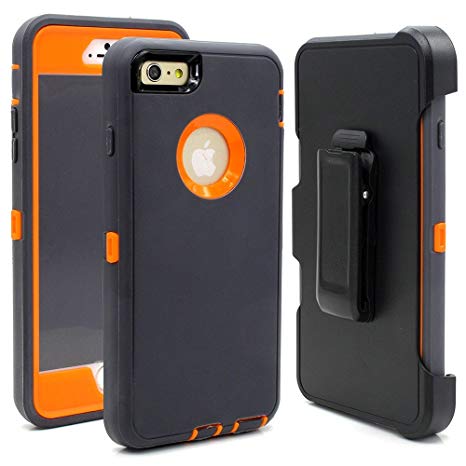 Hybrid Rubber Plastic Impact Defender Rugged Hard Case,Compatible with iPhone 6/6S(4.7inch) Protective Case, Screen Protector Built-in ,With Belt Clip Holster,Dark Grey/Orange