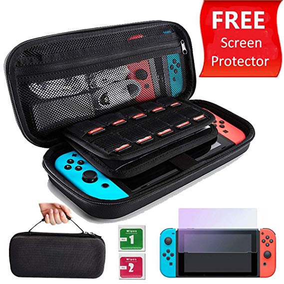 Lambony Switch Case For Nintendo, Hard Portable Shell Travel Carrying Case with Tempered Glass Screen Protector for 20 Game Cartridges, Joy-Con and Other Accessories