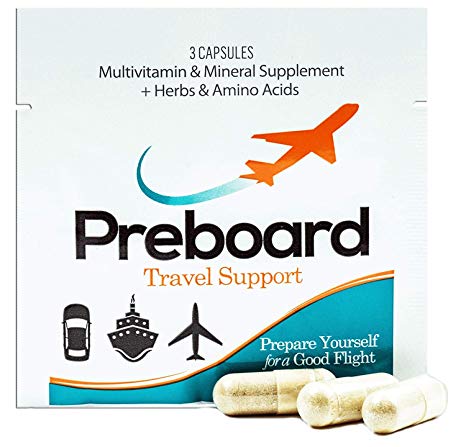 Preboard Travel Supplement - Natural Support for Fear of Flying, Stress & Anxiety, Nausea, Jet Lag, Immune System Health - 2 Servings of Essential Vitamins, Minerals, Amino Acids, Adaptogenic Herbs